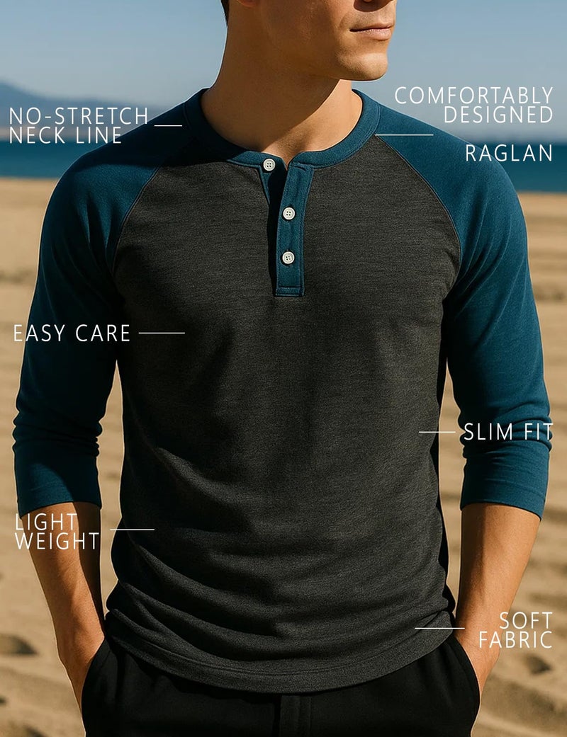 H2H Men's Slim Fit Casual Raglan 3/4 Sleeve Henley Baseball Jersey Knit T Shirt CHARCOALBLUE US L/Asia XL (CMTTS0174) - Image 4